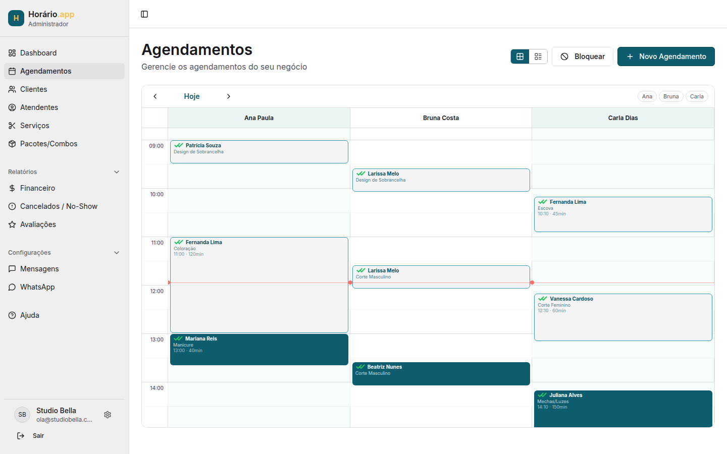 Agenda visual do Horário com a equipe lado a lado e os horários do dia preenchidos.